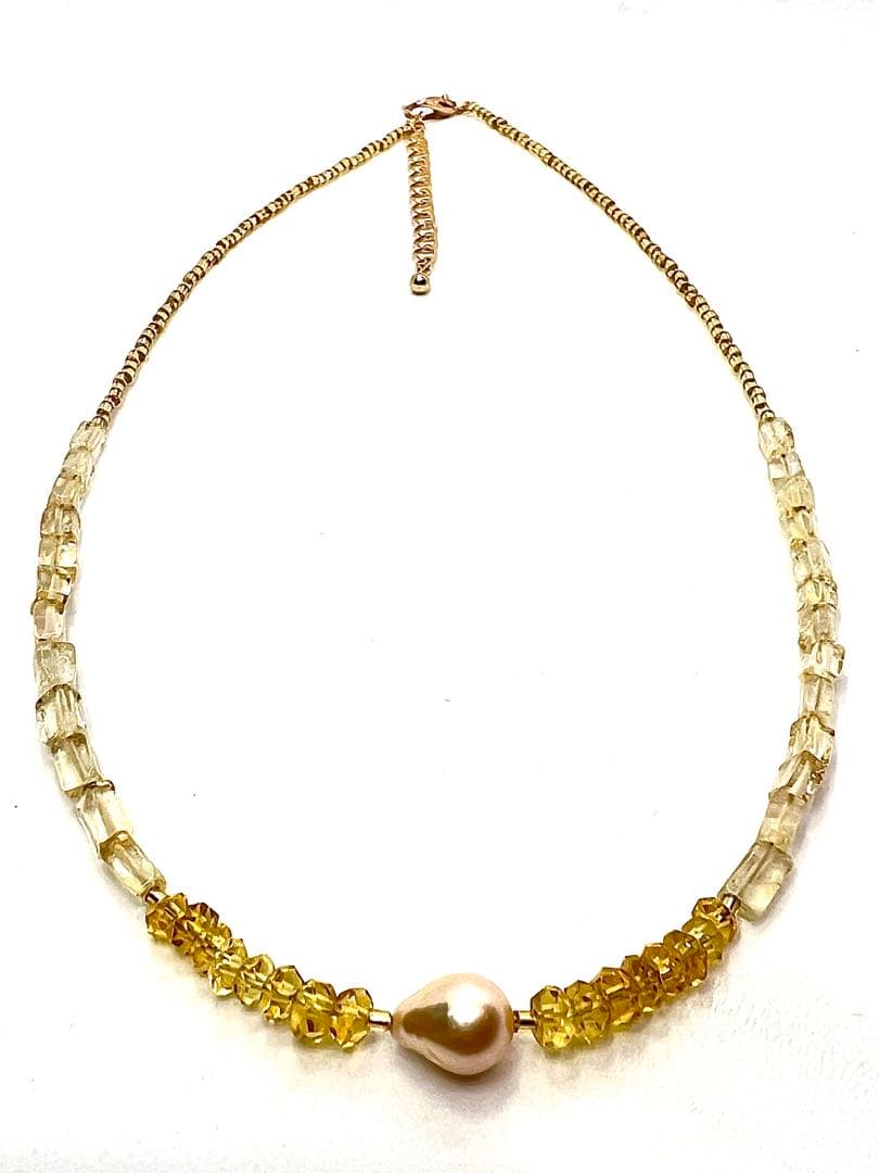 Akoya pearl and citrine necklace with gold color Venetian glass parts and adjustable length