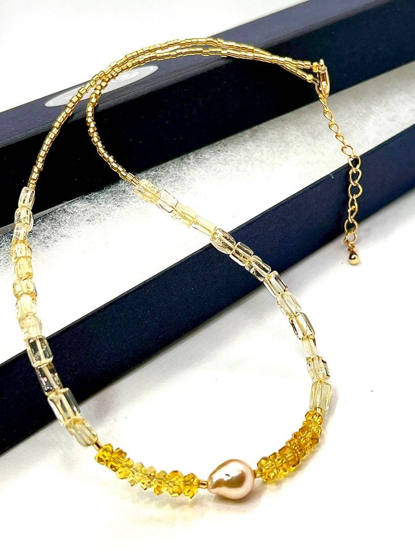 Akoya pearl and citrine necklace with gold color Venetian glass parts and adjustable length
