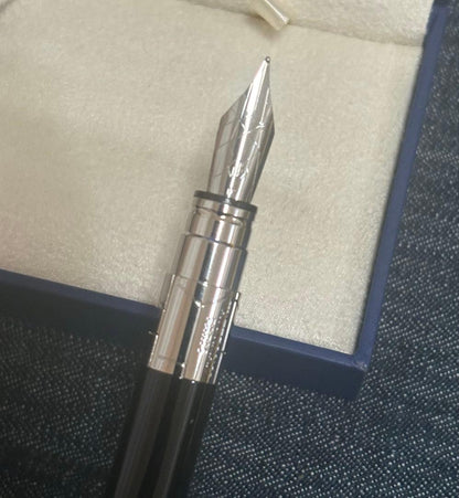 Waterman Perspectiv fountain pen with black body, silver trim, fine nib, and included case and ink cartridges