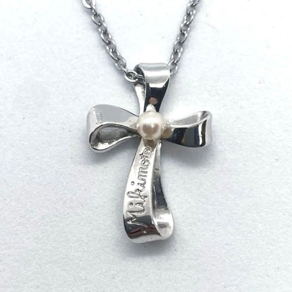 MIKIMOTO Kuro Ribbon Cross Pearl Necklace with silver chain and cross-shaped pearl pendant