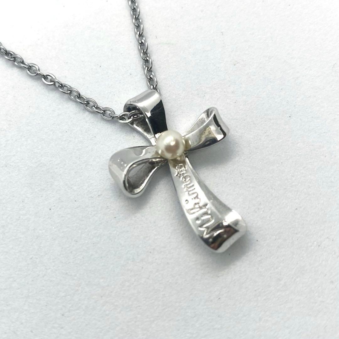 MIKIMOTO Kuro Ribbon Cross Pearl Necklace with silver chain and cross-shaped pearl pendant