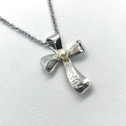 MIKIMOTO Kuro Ribbon Cross Pearl Necklace with silver chain and cross-shaped pearl pendant