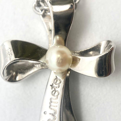 MIKIMOTO Kuro Ribbon Cross Pearl Necklace with silver chain and cross-shaped pearl pendant
