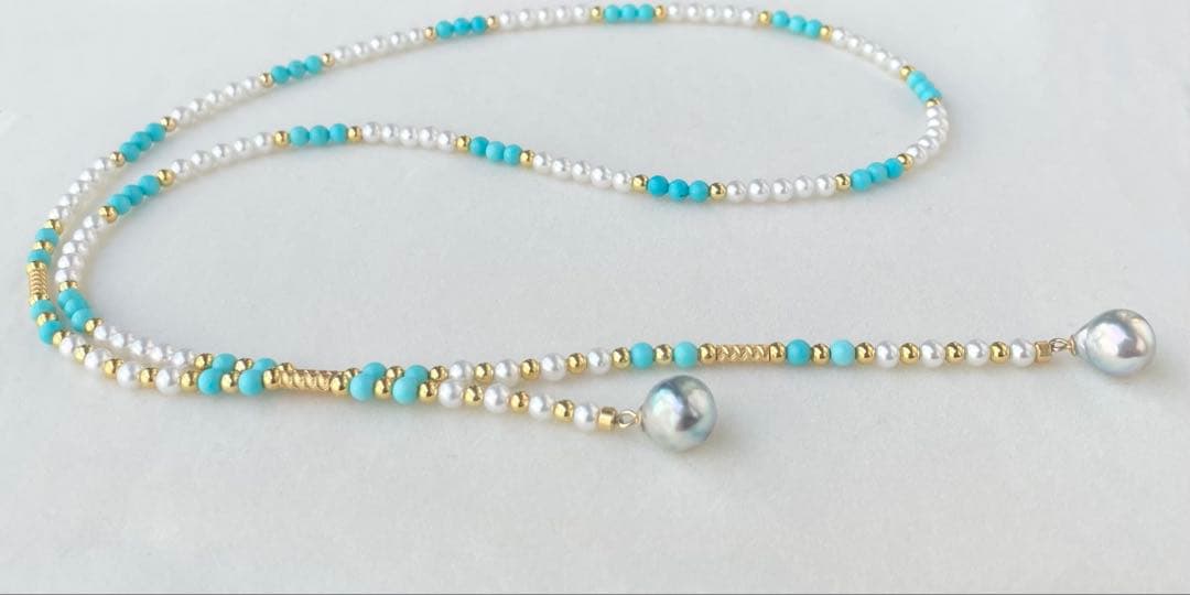 Mirror finish Akoya pearl long necklace with turquoise magnetic clasp and S925 metal chain
