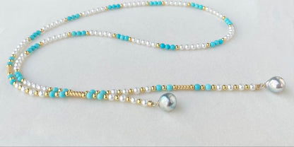 Mirror finish Akoya pearl long necklace with turquoise magnetic clasp and S925 metal chain