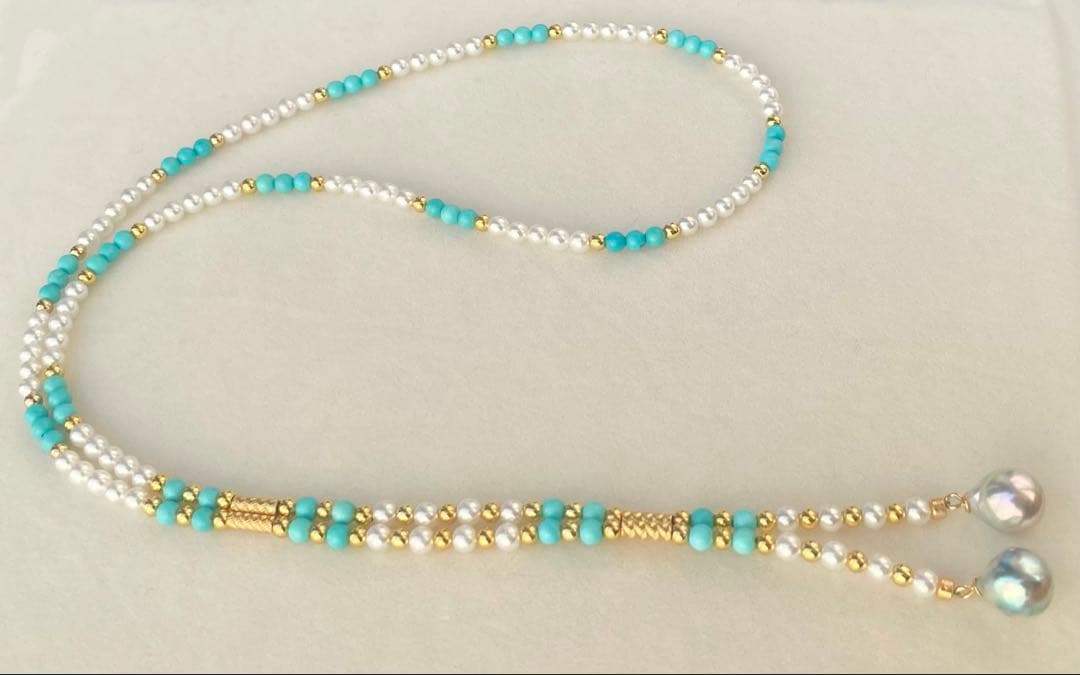 Mirror finish Akoya pearl long necklace with turquoise magnetic clasp and S925 metal chain