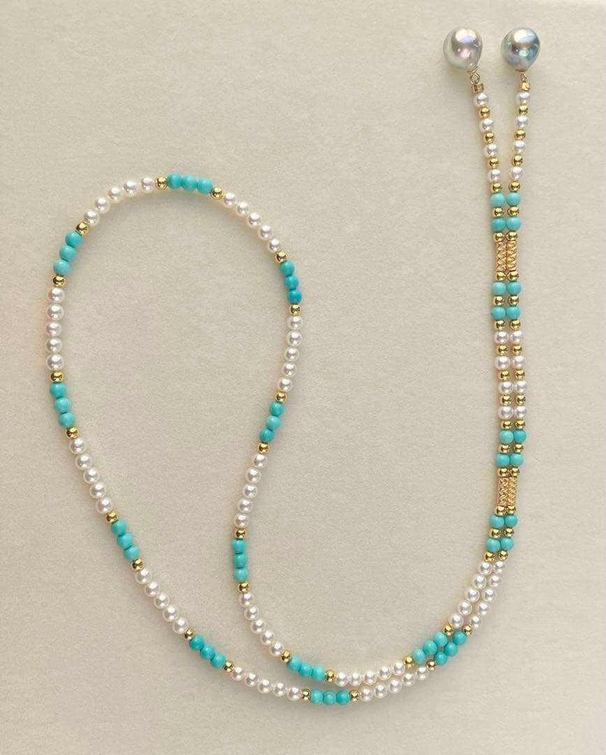 Mirror finish Akoya pearl long necklace with turquoise magnetic clasp and S925 metal chain