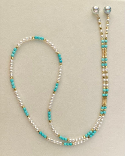 Mirror finish Akoya pearl long necklace with turquoise magnetic clasp and S925 metal chain