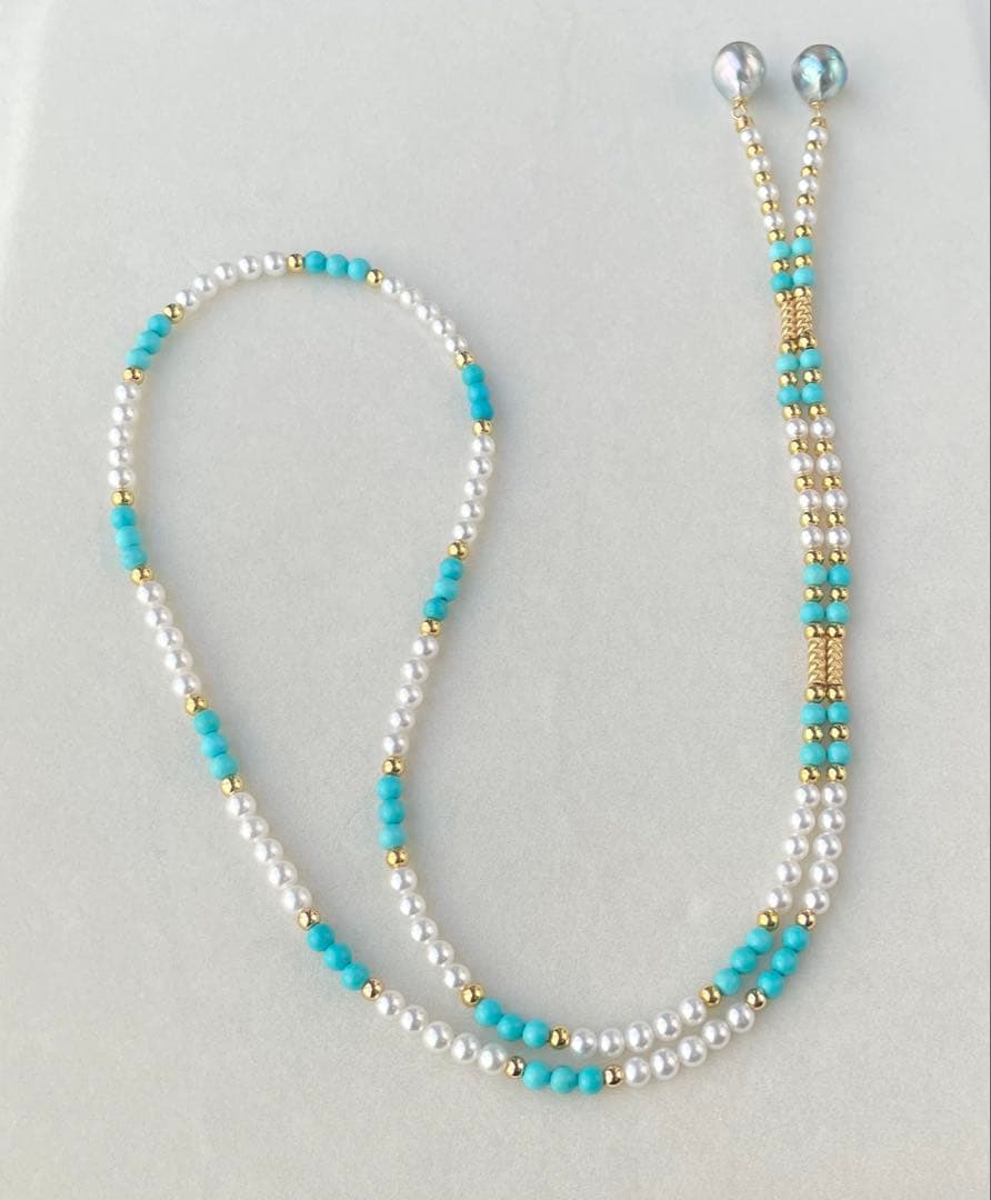 Mirror finish Akoya pearl long necklace with turquoise magnetic clasp and S925 metal chain