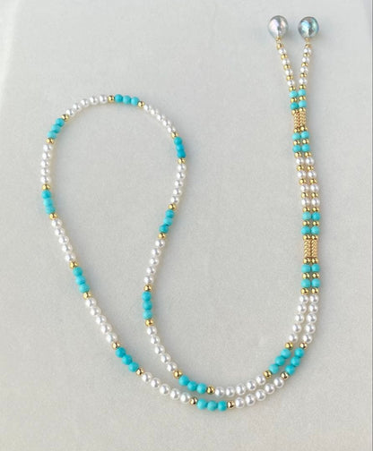 Mirror finish Akoya pearl long necklace with turquoise magnetic clasp and S925 metal chain