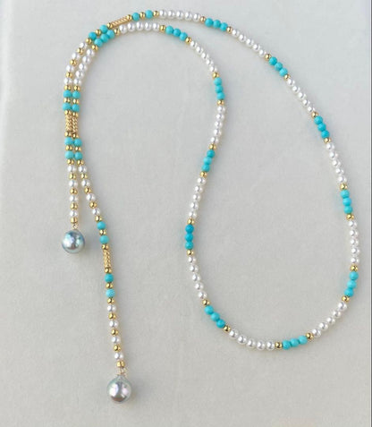 Mirror finish Akoya pearl long necklace with turquoise magnetic clasp and S925 metal chain