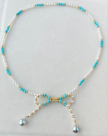 Mirror finish Akoya pearl long necklace with turquoise magnetic clasp and S925 metal chain