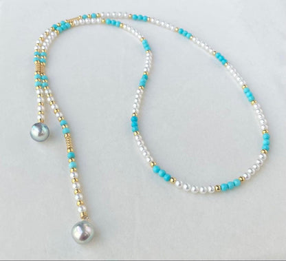 Mirror finish Akoya pearl long necklace with turquoise magnetic clasp and S925 metal chain
