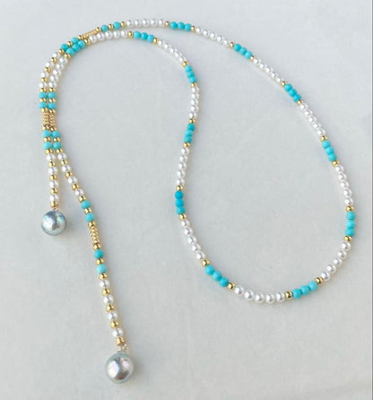 Mirror finish Akoya pearl long necklace with turquoise magnetic clasp and S925 metal chain