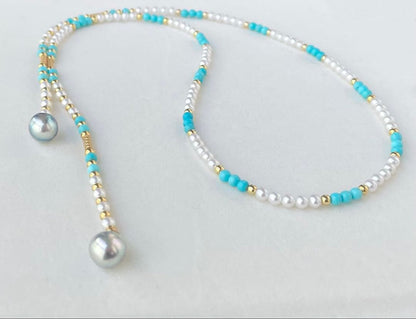 Mirror finish Akoya pearl long necklace with turquoise magnetic clasp and S925 metal chain