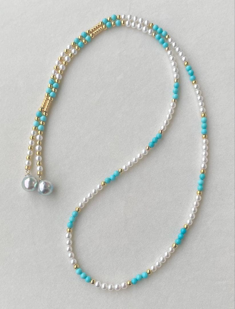Mirror finish Akoya pearl long necklace with turquoise magnetic clasp and S925 metal chain