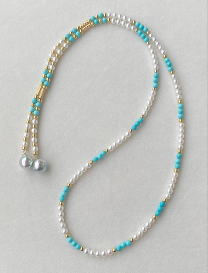 Mirror finish Akoya pearl long necklace with turquoise magnetic clasp and S925 metal chain
