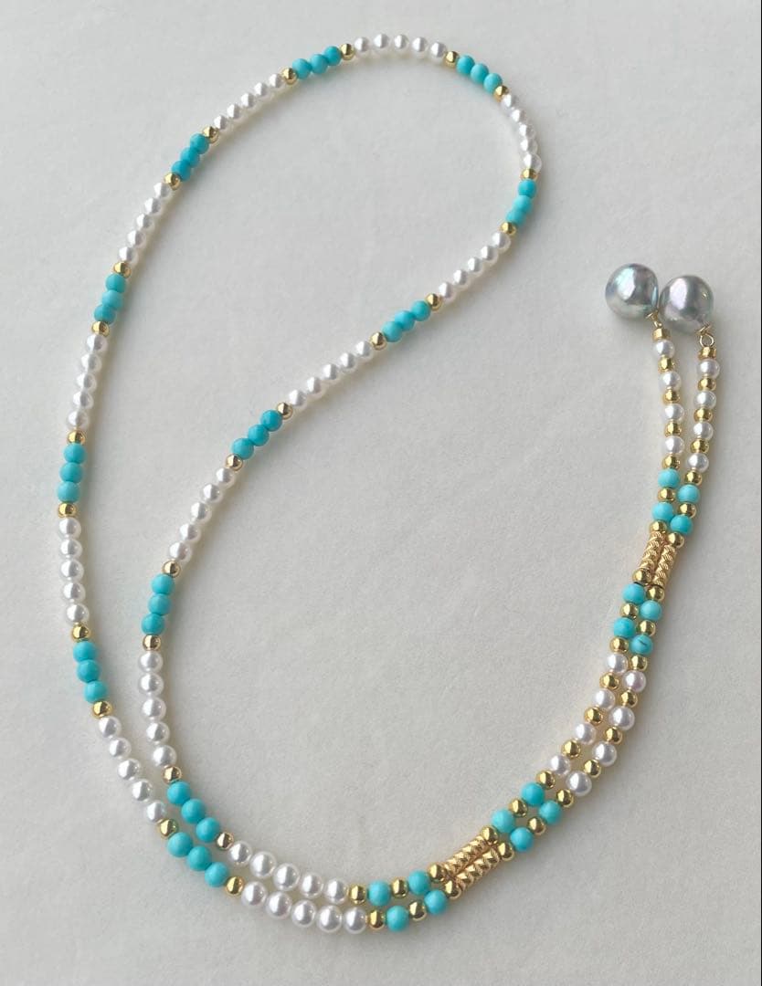Mirror finish Akoya pearl long necklace with turquoise magnetic clasp and S925 metal chain