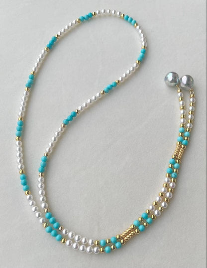 Mirror finish Akoya pearl long necklace with turquoise magnetic clasp and S925 metal chain