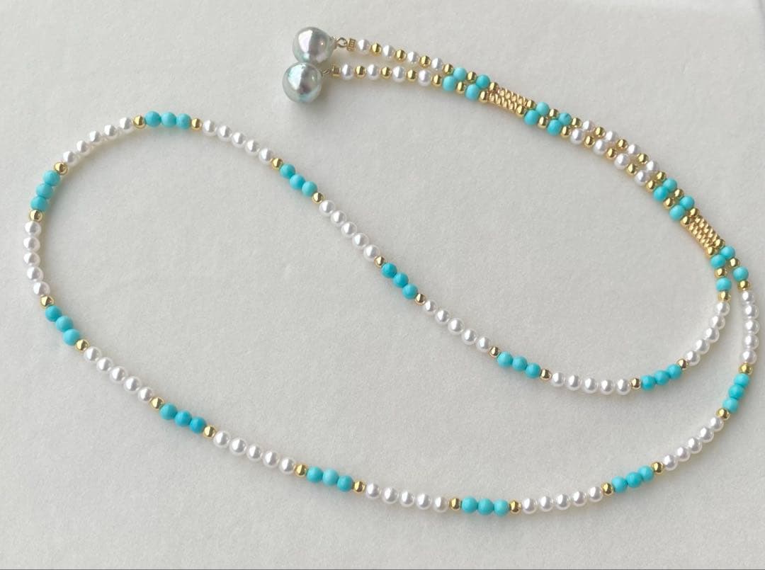 Mirror finish Akoya pearl long necklace with turquoise magnetic clasp and S925 metal chain
