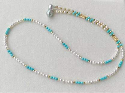 Mirror finish Akoya pearl long necklace with turquoise magnetic clasp and S925 metal chain