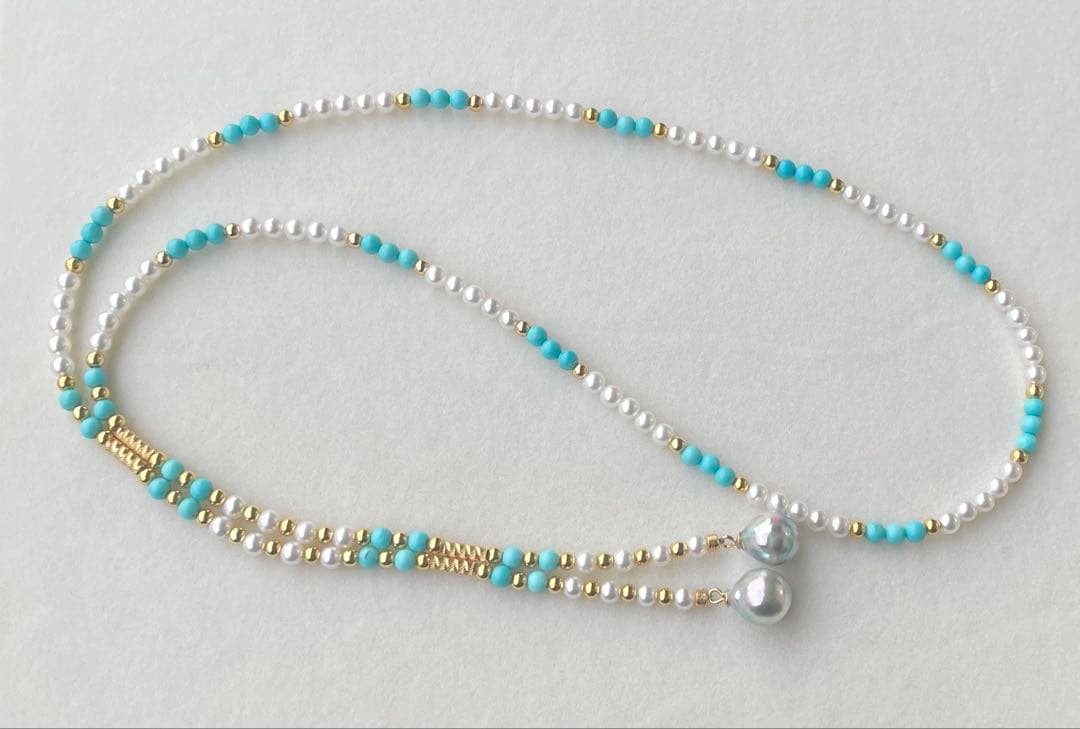 Mirror finish Akoya pearl long necklace with turquoise magnetic clasp and S925 metal chain
