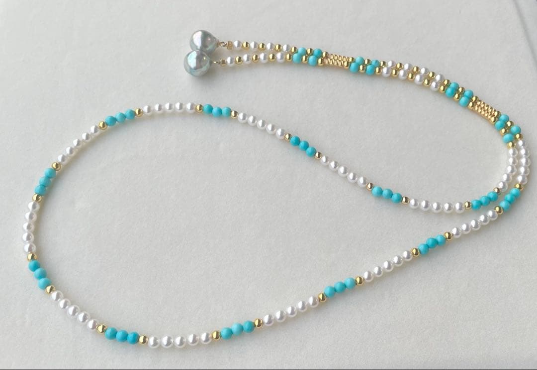 Mirror finish Akoya pearl long necklace with turquoise magnetic clasp and S925 metal chain