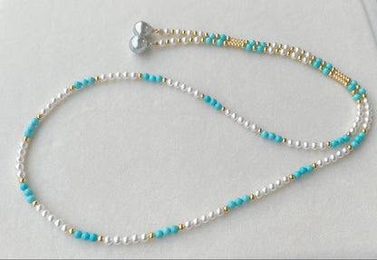 Mirror finish Akoya pearl long necklace with turquoise magnetic clasp and S925 metal chain