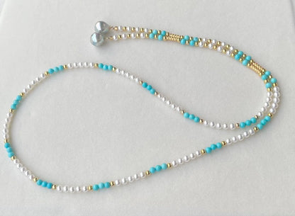 Mirror finish Akoya pearl long necklace with turquoise magnetic clasp and S925 metal chain