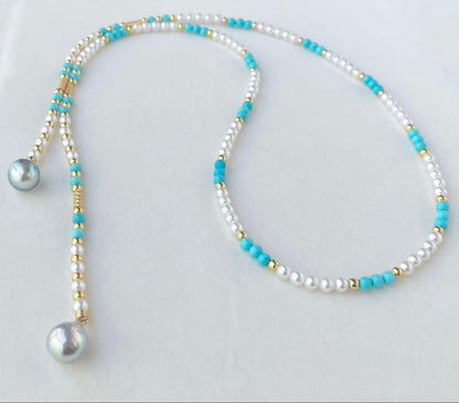 Mirror finish Akoya pearl long necklace with turquoise magnetic clasp and S925 metal chain