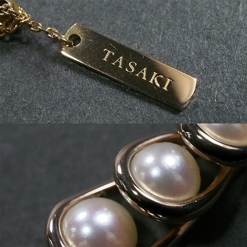Tasaki K18 Sakura Gold 3P Pearl Necklace with three pearls and gold chain on white background
