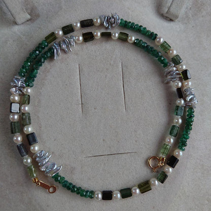 Akoya baby pearl necklace 39 with deep green emerald, moss green tourmaline, and light gray Keshi pearls on 44 cm chain