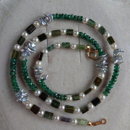 Akoya baby pearl necklace 39 with deep green emerald, moss green tourmaline, and light gray Keshi pearls on 44 cm chain