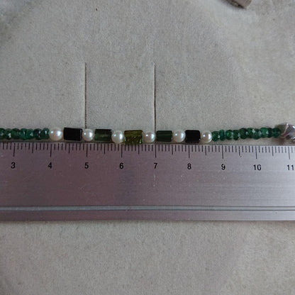 Akoya baby pearl necklace 39 with deep green emerald, moss green tourmaline, and light gray Keshi pearls on 44 cm chain