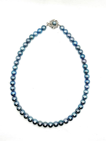 Aoyama black pearl necklace with indigo blue round pearls approximately 8mm in size, 42cm long
