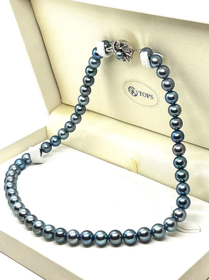 Aoyama black pearl necklace with indigo blue round pearls approximately 8mm in size, 42cm long