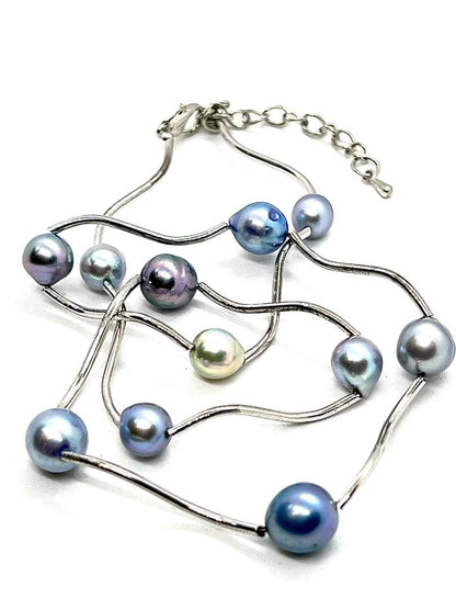 Akoya Pearl Multi-Color Pearl Station Necklace with silver gray, charcoal gray, indigo blue, multicolor, and black pearls