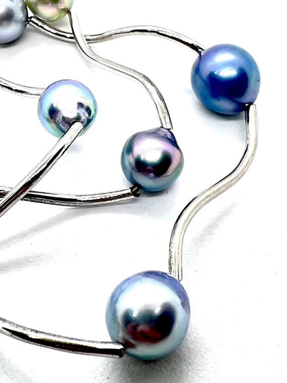 Akoya Pearl Multi-Color Pearl Station Necklace with silver gray, charcoal gray, indigo blue, multicolor, and black pearls