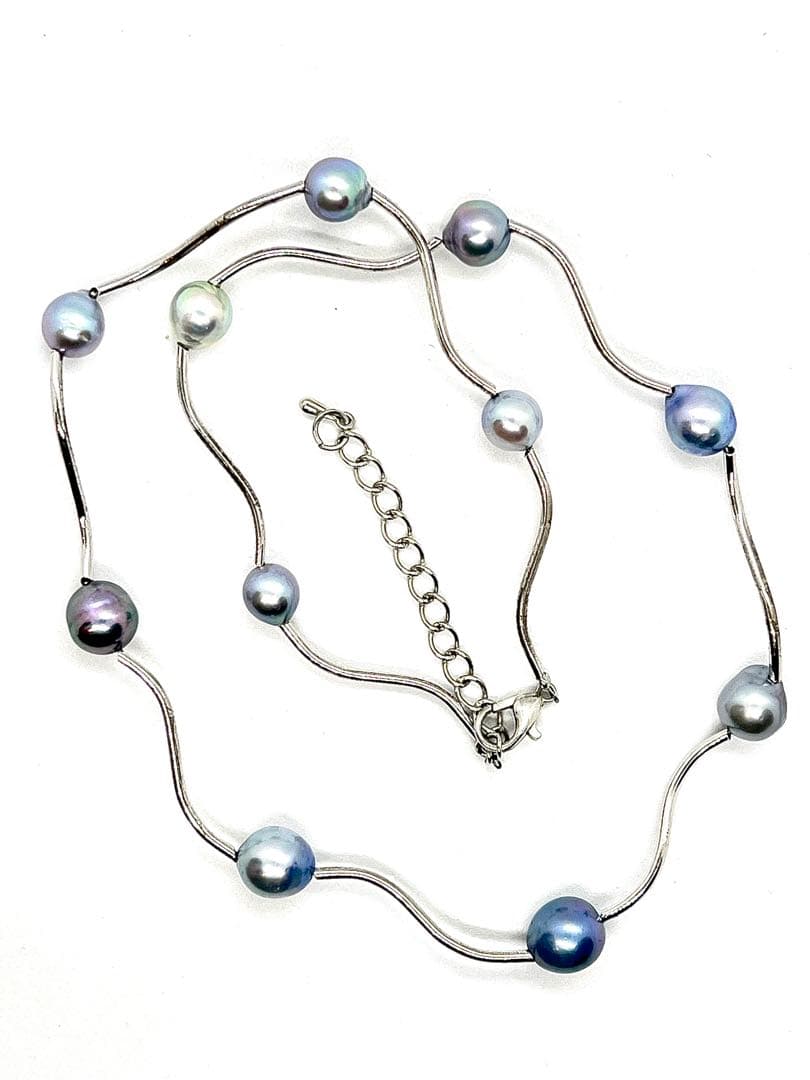 Akoya Pearl Multi-Color Pearl Station Necklace with silver gray, charcoal gray, indigo blue, multicolor, and black pearls