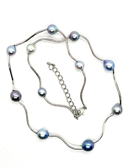 Akoya Pearl Multi-Color Pearl Station Necklace with silver gray, charcoal gray, indigo blue, multicolor, and black pearls