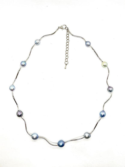 Akoya Pearl Multi-Color Pearl Station Necklace with silver gray, charcoal gray, indigo blue, multicolor, and black pearls