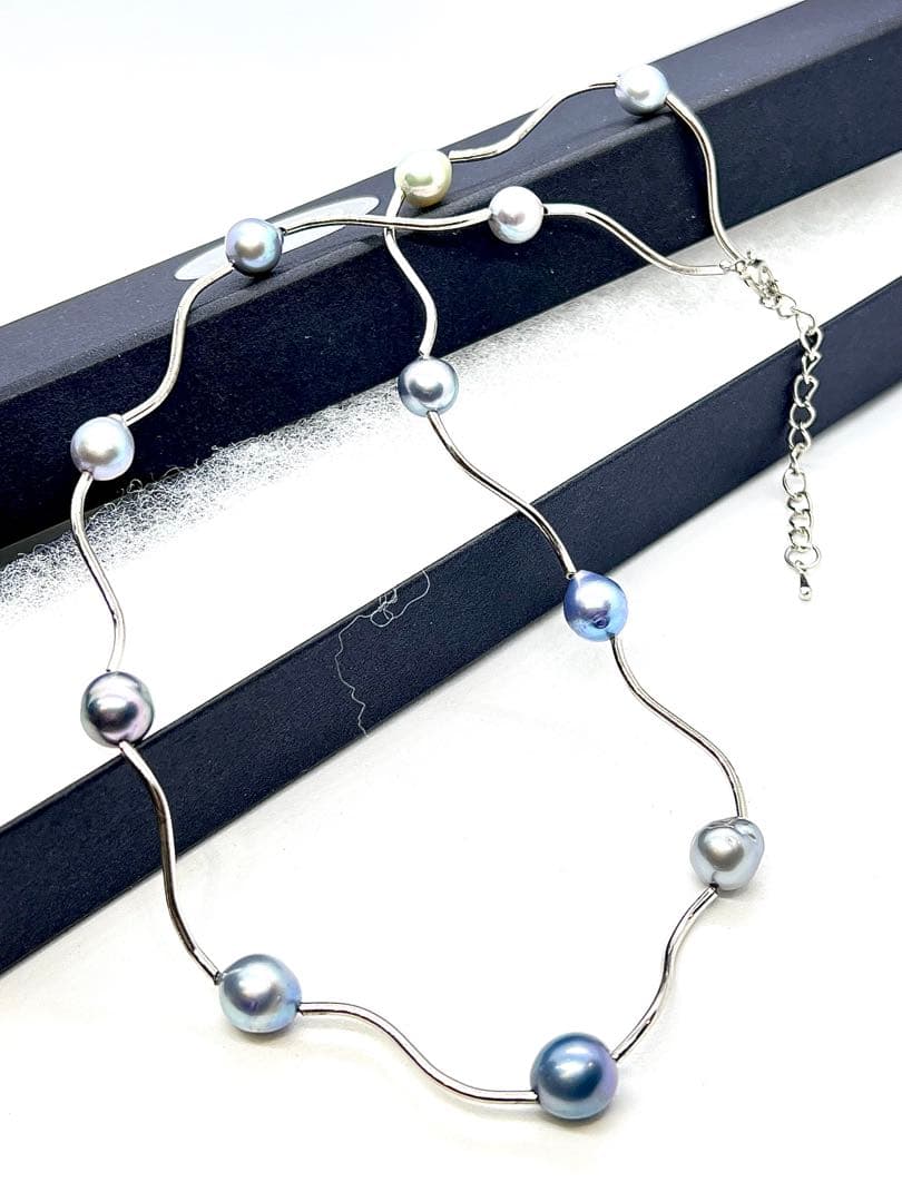 Akoya Pearl Multi-Color Pearl Station Necklace with silver gray, charcoal gray, indigo blue, multicolor, and black pearls