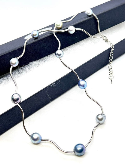 Akoya Pearl Multi-Color Pearl Station Necklace with silver gray, charcoal gray, indigo blue, multicolor, and black pearls