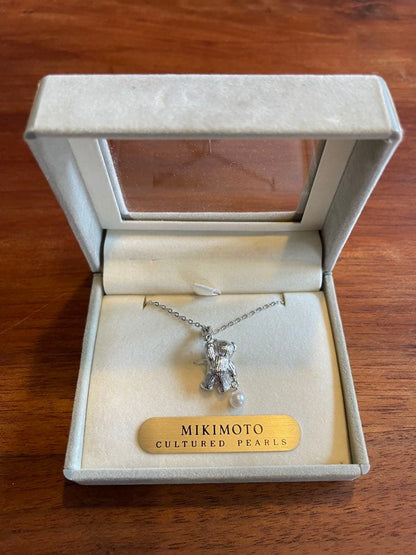 MIKIMOTO Pearl and Silver Teddy Bear Necklace with pendant design and included dedicated case