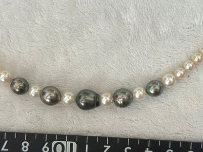 Silver necklace with 7.9-10mm Black Lip South Sea and Akoya pearls, 43.5cm length, displayed on white background