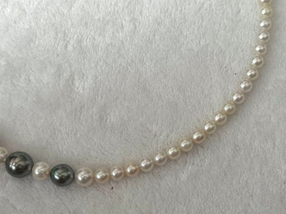 Silver necklace with 7.9-10mm Black Lip South Sea and Akoya pearls, 43.5cm length, displayed on white background