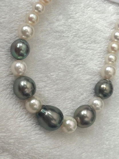 Silver necklace with 7.9-10mm Black Lip South Sea and Akoya pearls, 43.5cm length, displayed on white background