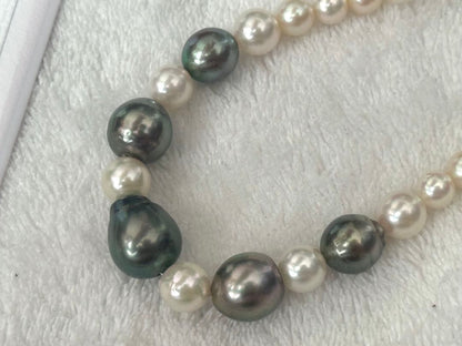 Silver necklace with 7.9-10mm Black Lip South Sea and Akoya pearls, 43.5cm length, displayed on white background