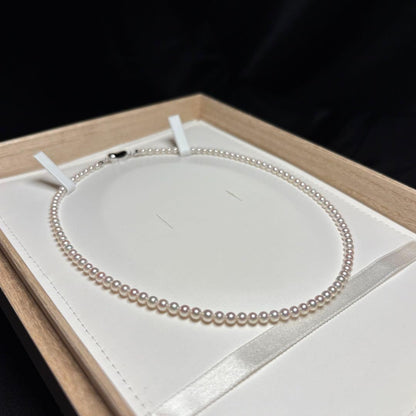 Akoya Pearl Certificate Aurora Rose necklace featuring 3.5 to 4.0mm white round pearls on a 43cm strand
