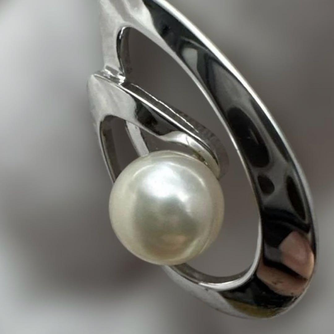 Mikimoto Akoya pearl necklace with silver teardrop pendant, silver chain, and red storage box